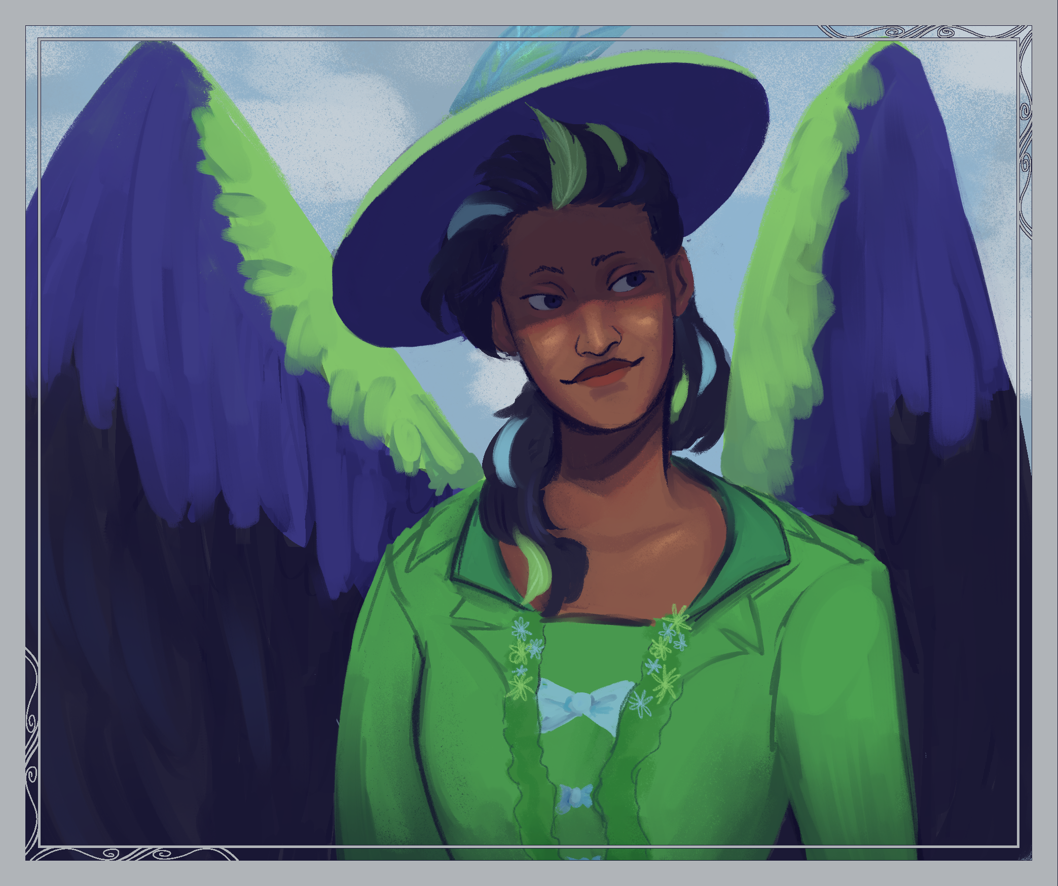 A digital painting of Iris from about the waist up. She is a dark skinned woman with large green and dark blue wings. Her hair is also feathers of matching colors. She has on a green dress and hat from the mid 18th century. Her hat is casting a shadow on her face and she is smiling at something off to the side, head tilted.